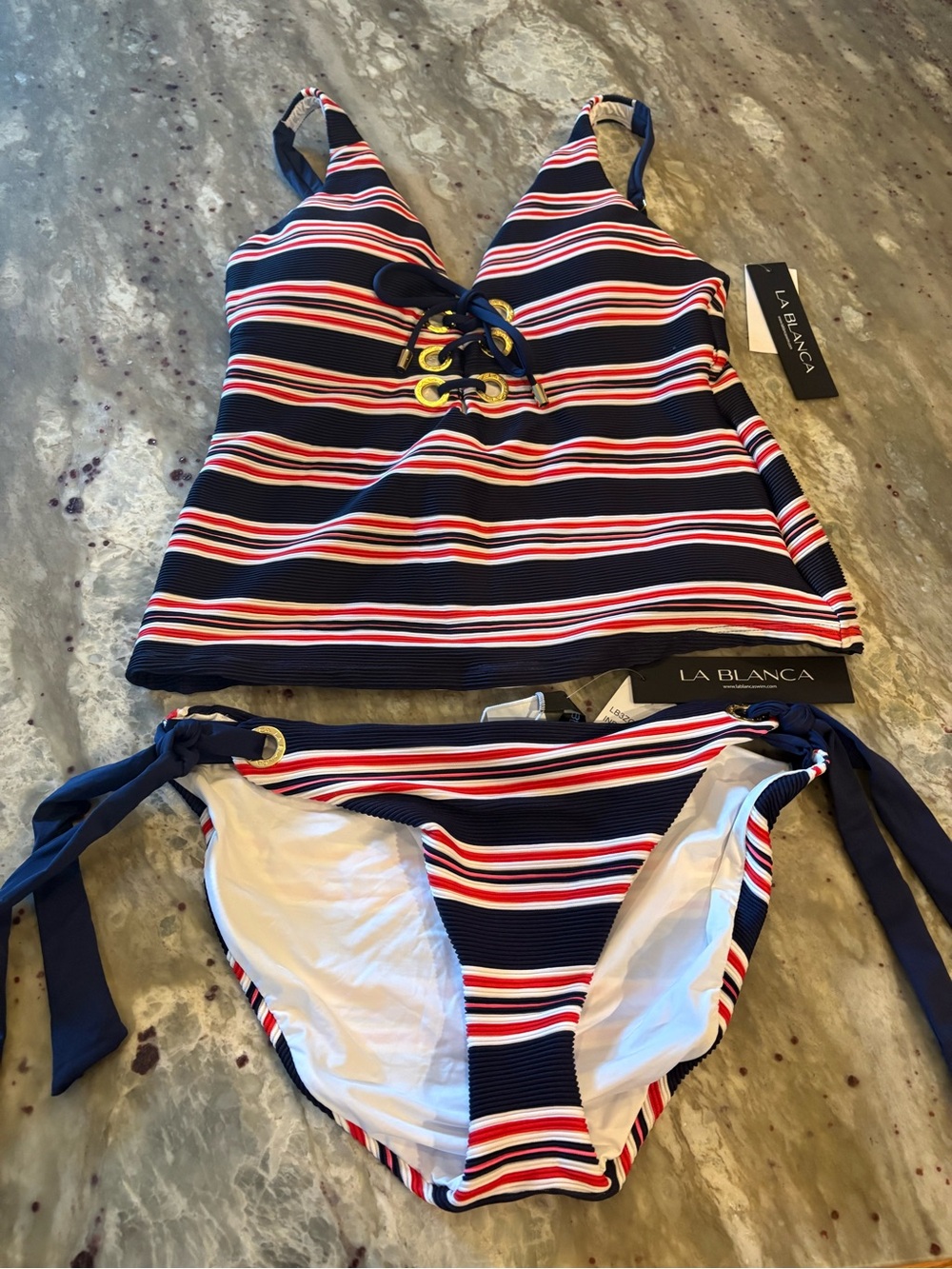 La Blanca Navy Red White Striped Tankini Set